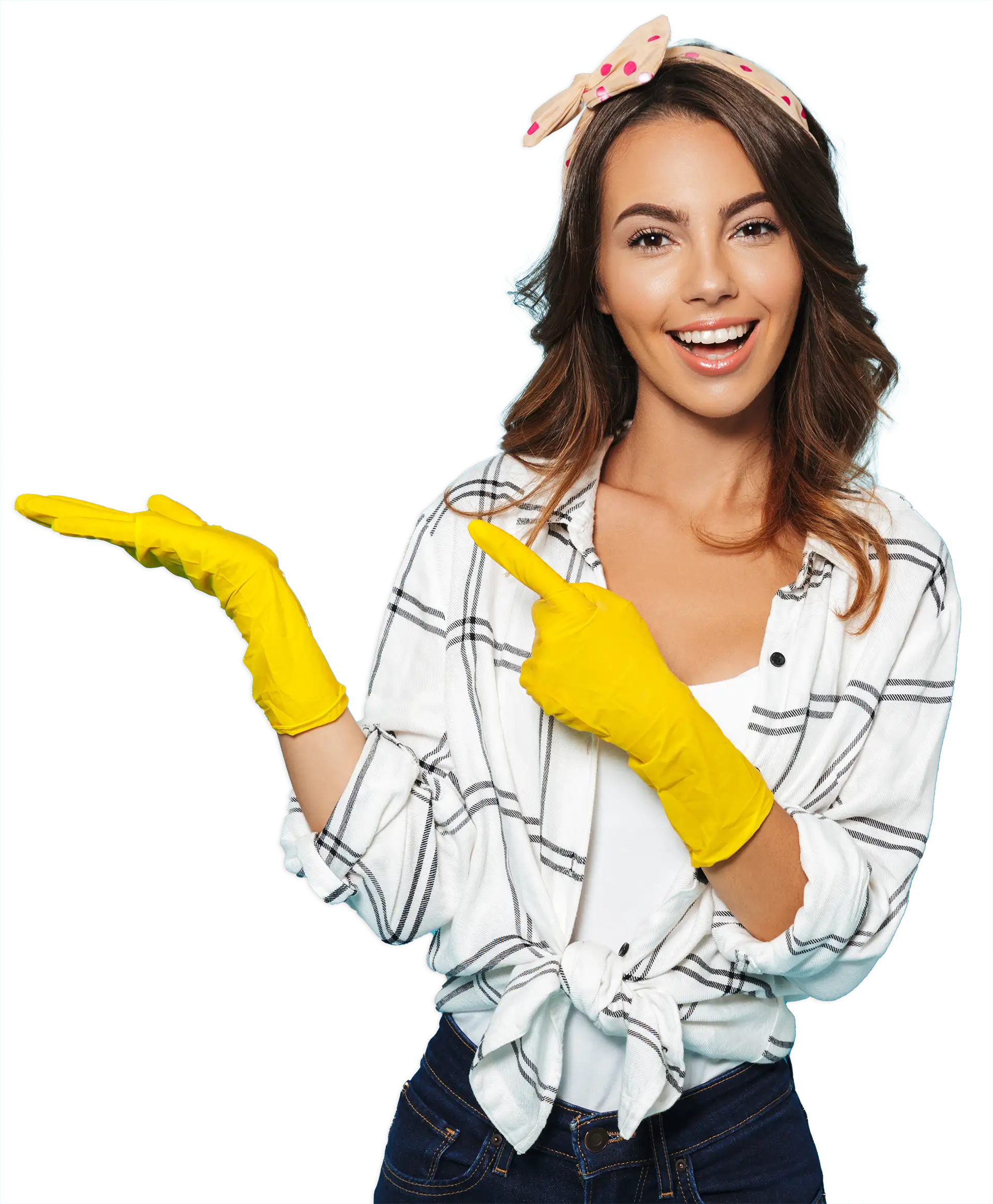 Junge Frau lächelt mit einem zwinkerndem Auge und zeigt auf Ihr Reinigungsequipment