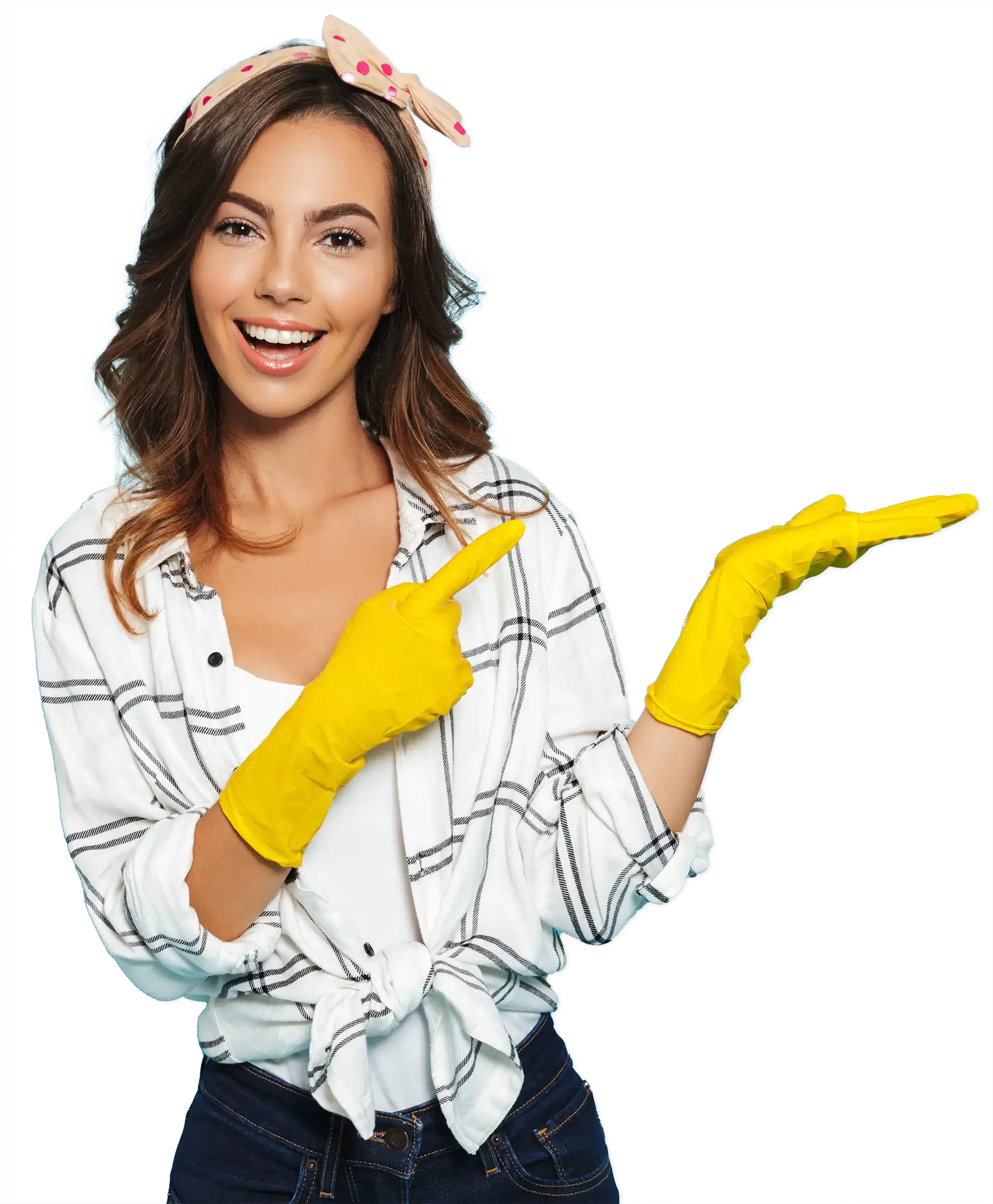 Junge Frau lächelt mit einem zwinkerndem Auge und zeigt auf Ihr Reinigungsequipment